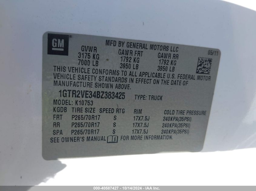 2011 GMC Sierra 1500 Sle VIN: 1GTR2VE34BZ383425 Lot: 40587427