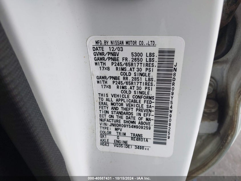 2004 Nissan Pathfinder Le Platinum VIN: JN8DR09Y54W909259 Lot: 40587431