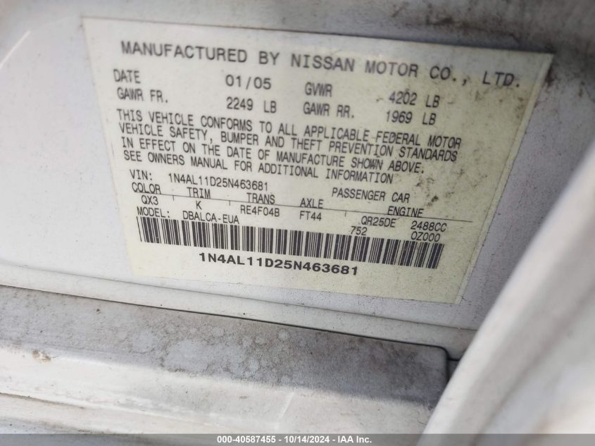 2005 Nissan Altima S/Sl VIN: 1N4AL11D25N463681 Lot: 40587455