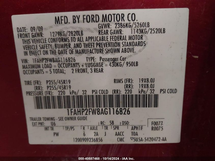 2010 Ford Taurus Limited VIN: 1FAHP2FW8AG116826 Lot: 40587468