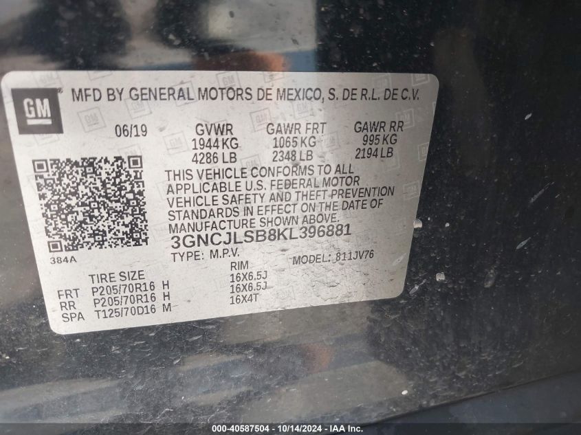 VIN 3GNCJLSB8KL396881 2019 CHEVROLET TRAX no.9