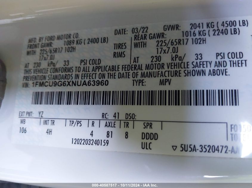 1FMCU9G6XNUA63960 2022 Ford Escape Se