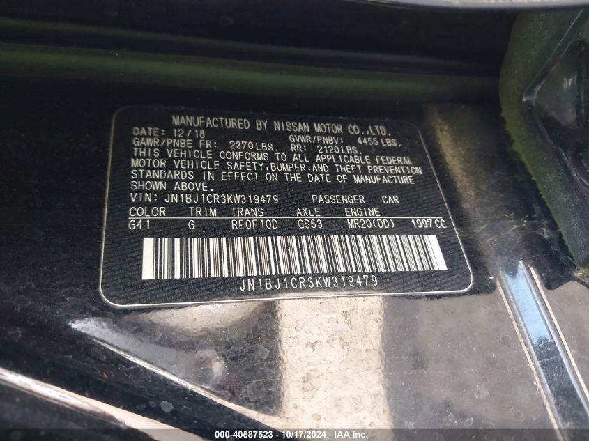 2019 Nissan Rogue Sport Sl VIN: JN1BJ1CR3KW319479 Lot: 40587523