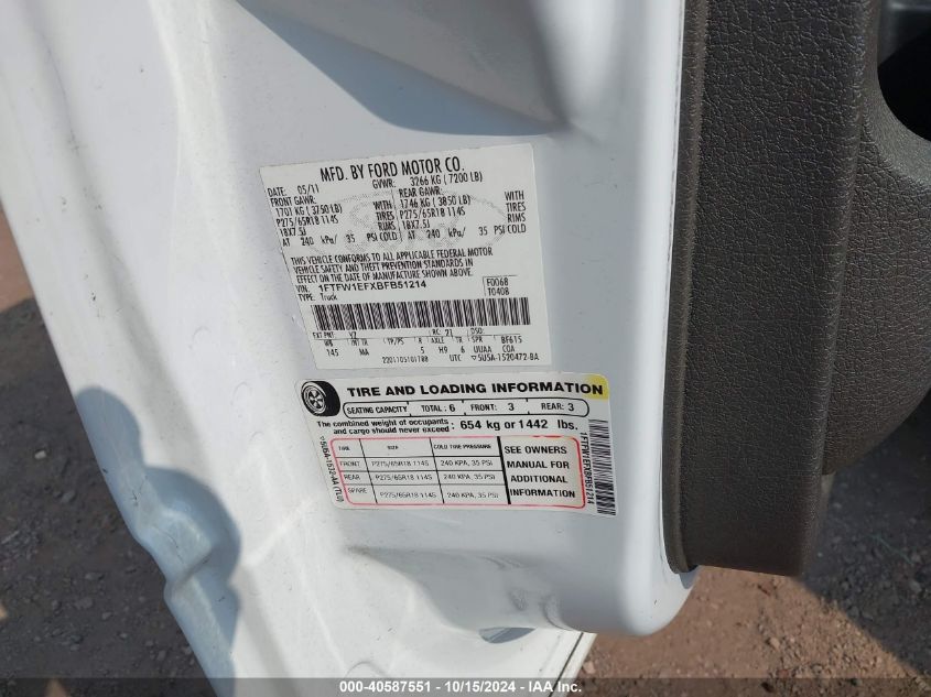 2011 Ford F-150 Xlt VIN: 1FTFW1EFXBFB51214 Lot: 40587551