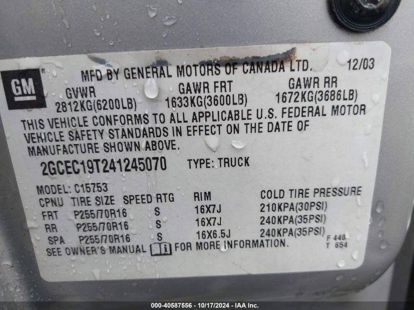 2004 Chevrolet Silverado 1500 Ls VIN: 2GCEC19T241245070 Lot: 40587556
