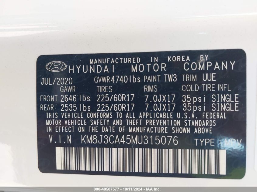 2021 Hyundai Tucson Value VIN: KM8J3CA45MU315076 Lot: 40587577