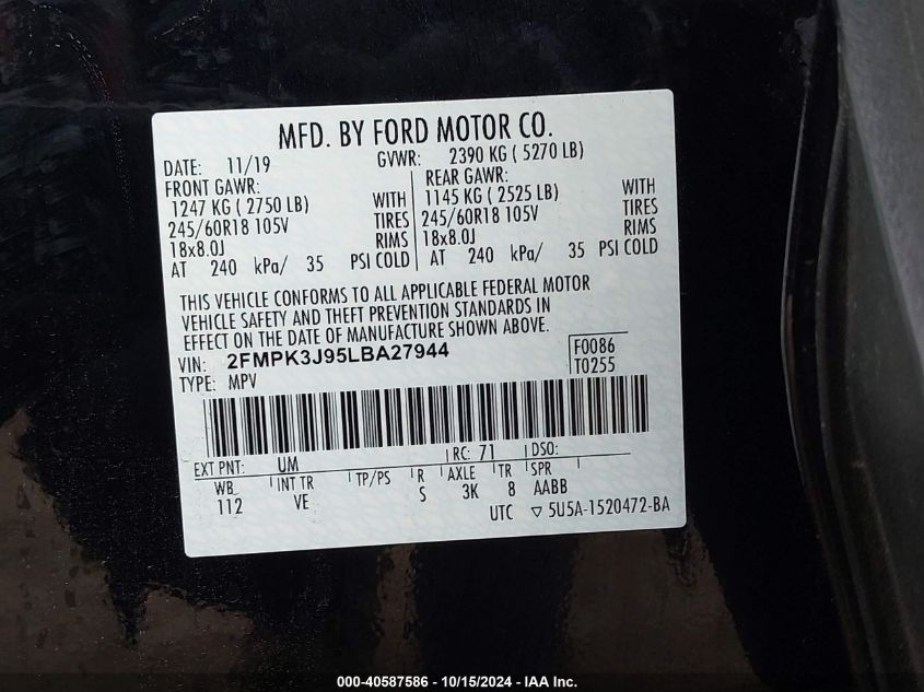 2020 Ford Edge Sel VIN: 2FMPK3J95LBA27944 Lot: 40587586