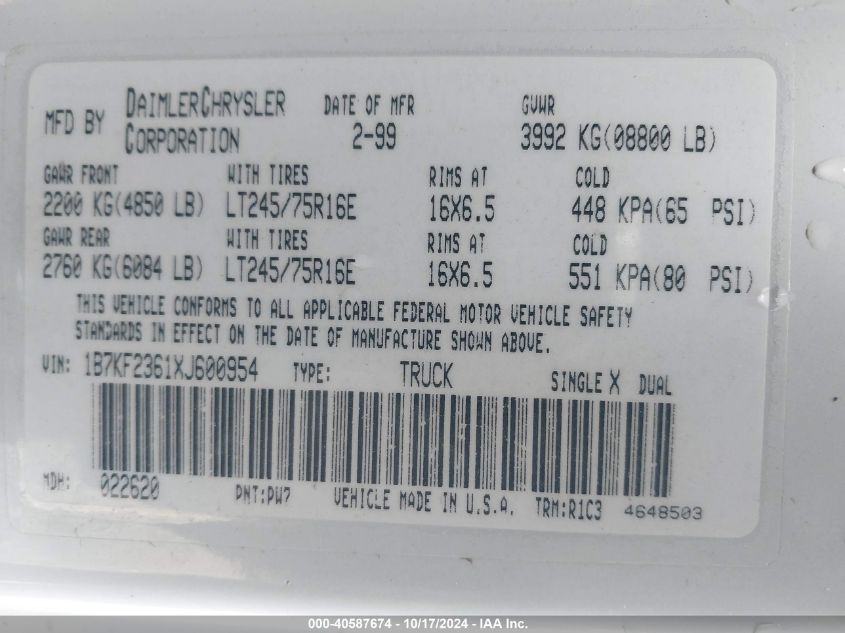 1999 Dodge Ram 2500 St VIN: 1B7KF2361XJ600954 Lot: 40587674
