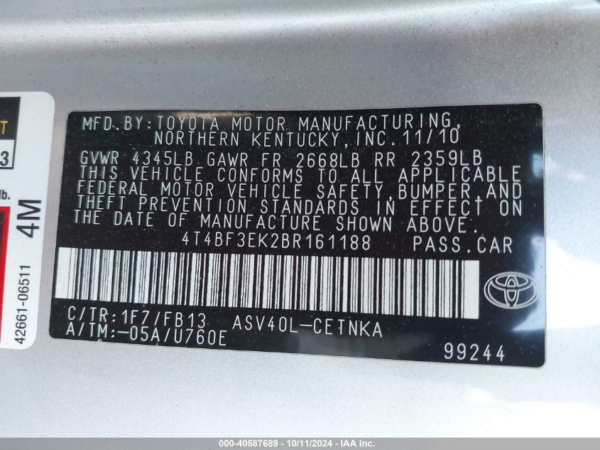 4T4BF3EK2BR161188 2011 Toyota Camry Le