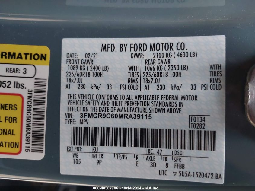 2021 Ford Bronco Sport Outer Banks VIN: 3FMCR9C60MRA39115 Lot: 40587706