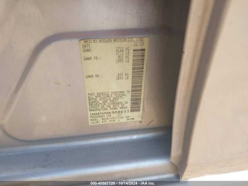 2013 Nissan Sentra Sv VIN: 1N4AB7AP6DN908633 Lot: 40587720