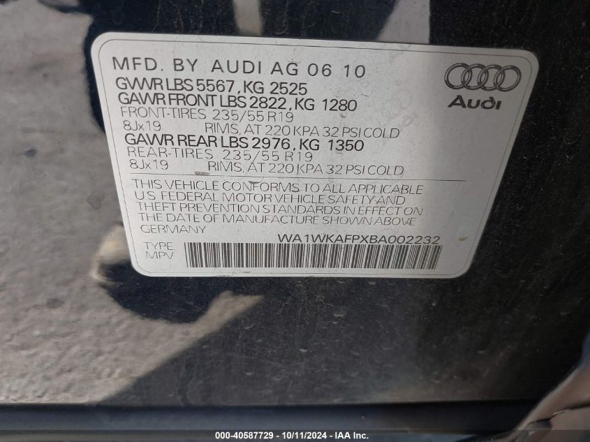 2011 Audi Q5 3.2 Premium Plus VIN: WA1WKAFPXBA002232 Lot: 40587729