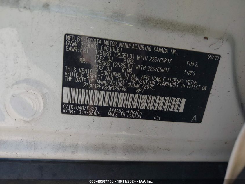 2T3K1RFV2KW028748 2019 Toyota Rav4 Le