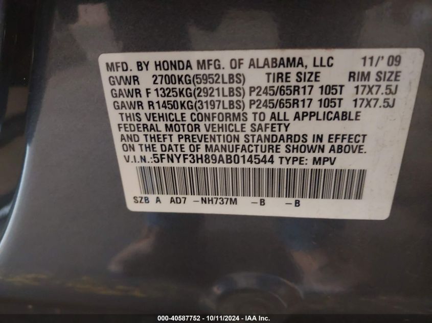 5FNYF3H89AB014544 2010 Honda Pilot Touring