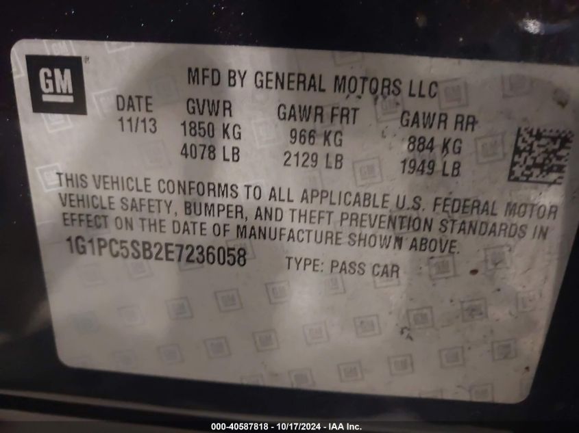 2014 Chevrolet Cruze Lt VIN: 1G1PC5SB2E7236058 Lot: 40587818