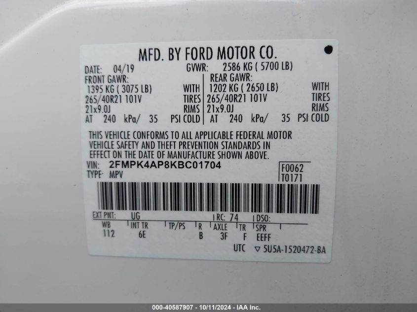 2FMPK4AP8KBC01704 2019 Ford Edge St