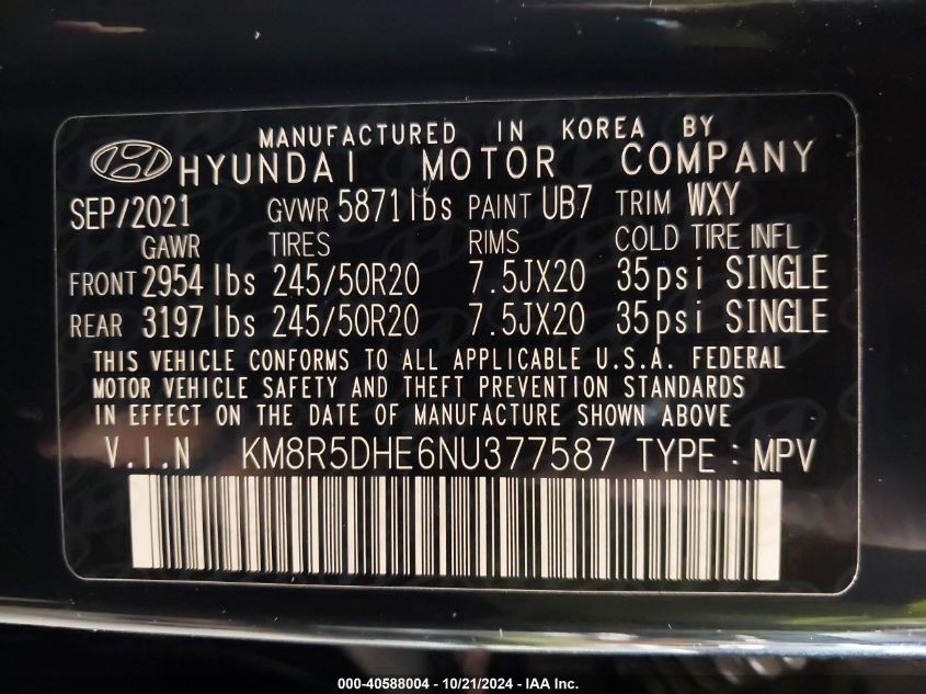 2022 Hyundai Palisade Limited VIN: KM8R5DHE6NU377587 Lot: 40588004