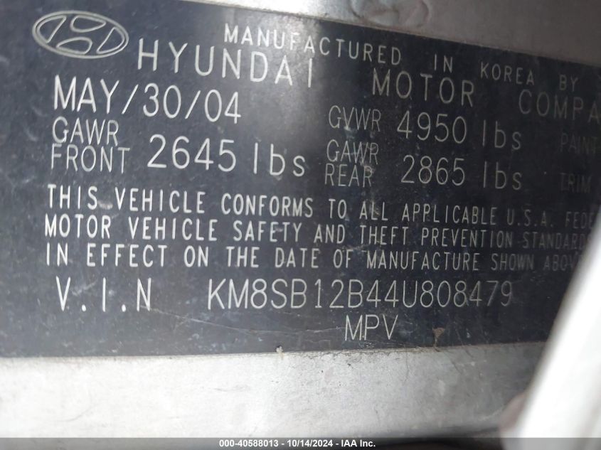 2004 Hyundai Santa Fe VIN: KM8SB12B44U808479 Lot: 40588013