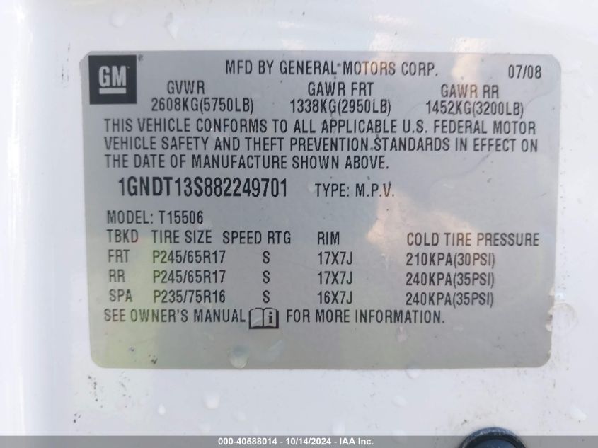 2008 Chevrolet Trailblazer Fleet VIN: 1GNDT13S882249701 Lot: 40588014