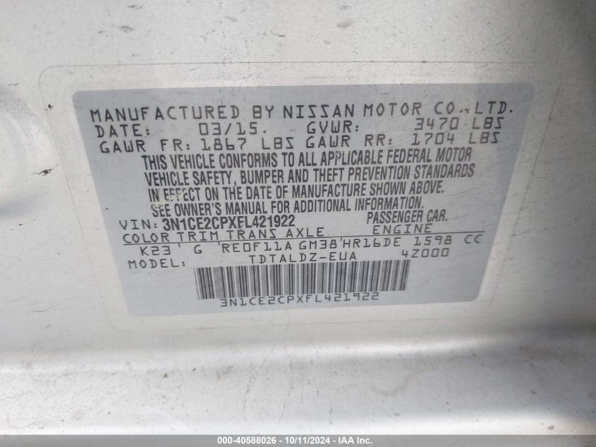 3N1CE2CPXFL421922 2015 Nissan Versa Note S (Sr)/S Plus/Sl/Sr/Sv