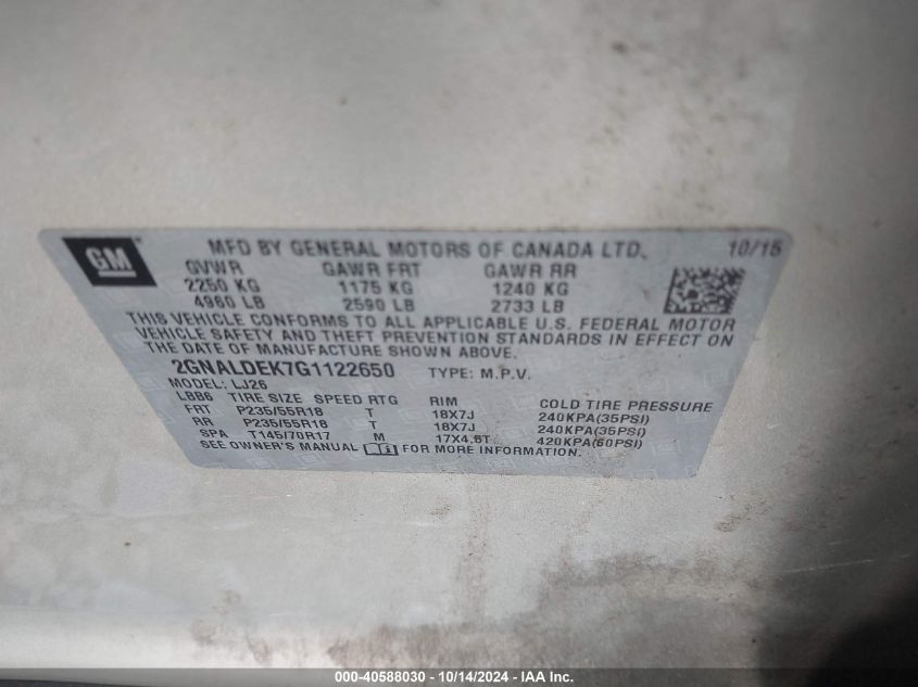 2016 Chevrolet Equinox Ltz VIN: 2GNALDEK7G1122650 Lot: 40588030