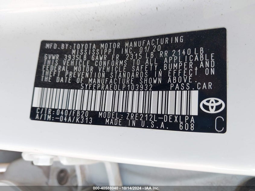 2020 TOYOTA COROLLA LE - 5YFEPRAE0LP103932