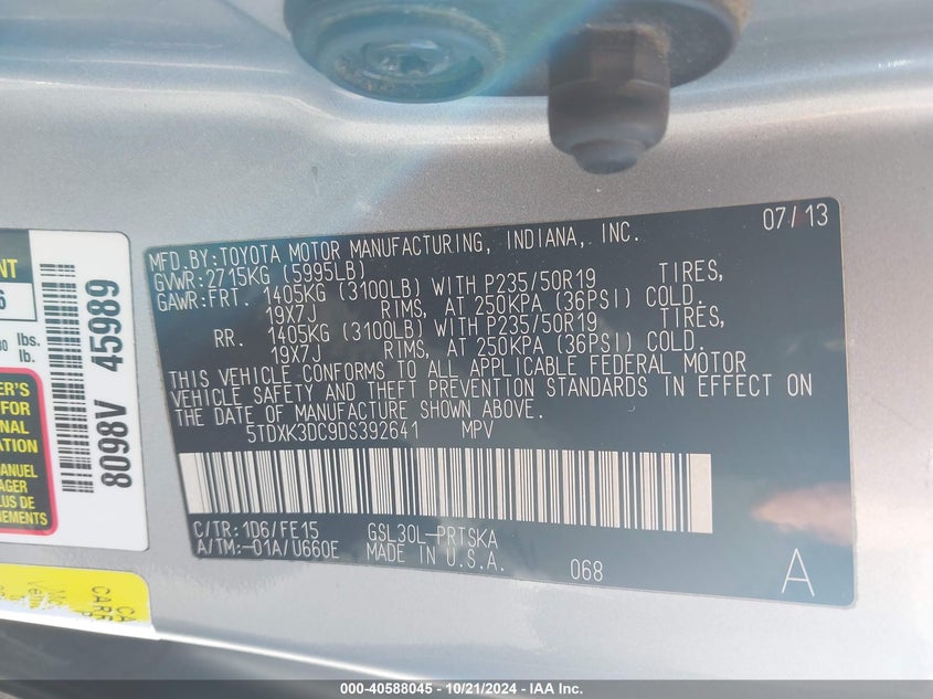 2013 Toyota Sienna Se 8 Passenger VIN: 5TDXK3DC9DS392641 Lot: 40588045