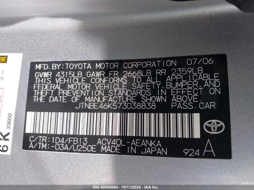 JTNBE46K573038838 2007 Toyota Camry Le