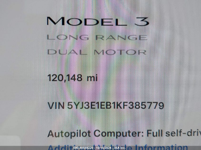 2019 Tesla Model 3 Long Range/Performance VIN: 5YJ3E1EB1KF385779 Lot: 40588220