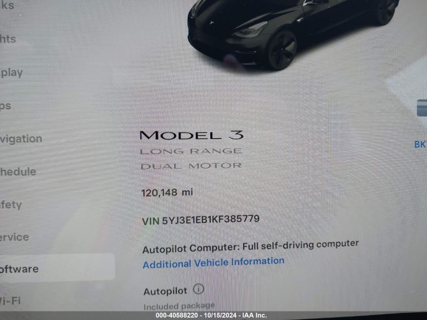 2019 Tesla Model 3 Long Range/Performance VIN: 5YJ3E1EB1KF385779 Lot: 40588220