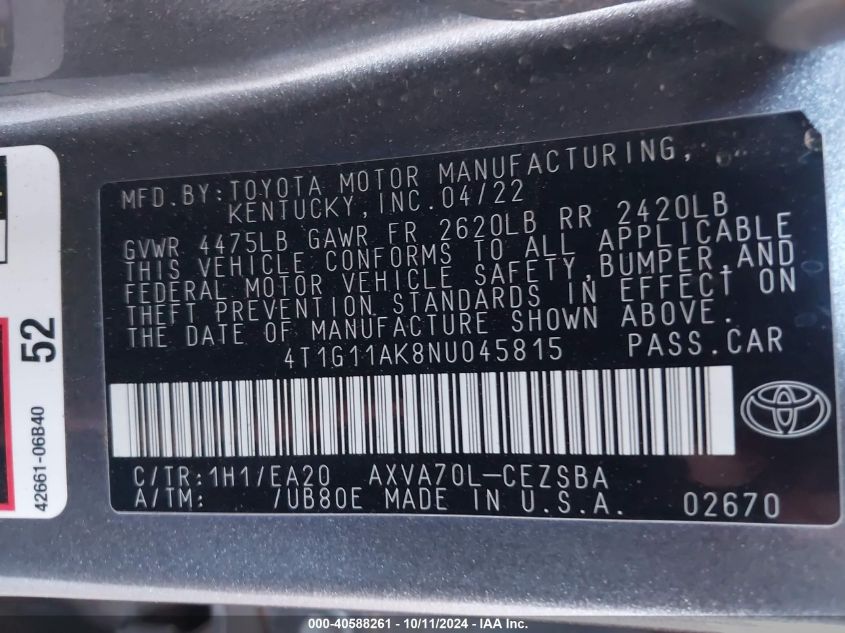 4T1G11AK8NU045815 2022 Toyota Camry Se