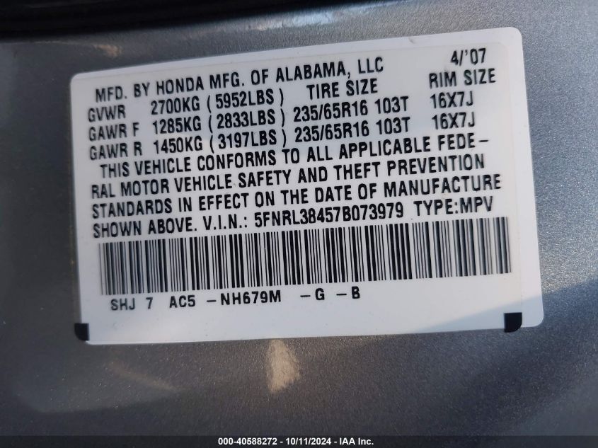 5FNRL38457B073979 2007 Honda Odyssey Ex