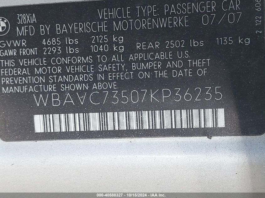 2007 BMW 328Xi VIN: WBAVC73507KP36235 Lot: 40588327