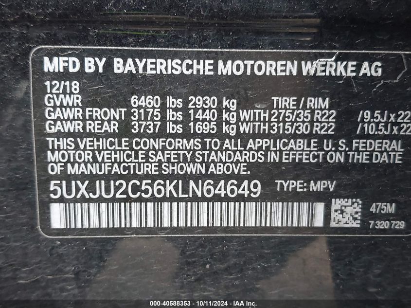 VIN 5UXJU2C56KLN64649 2019 BMW X5, Xdrive50I no.9