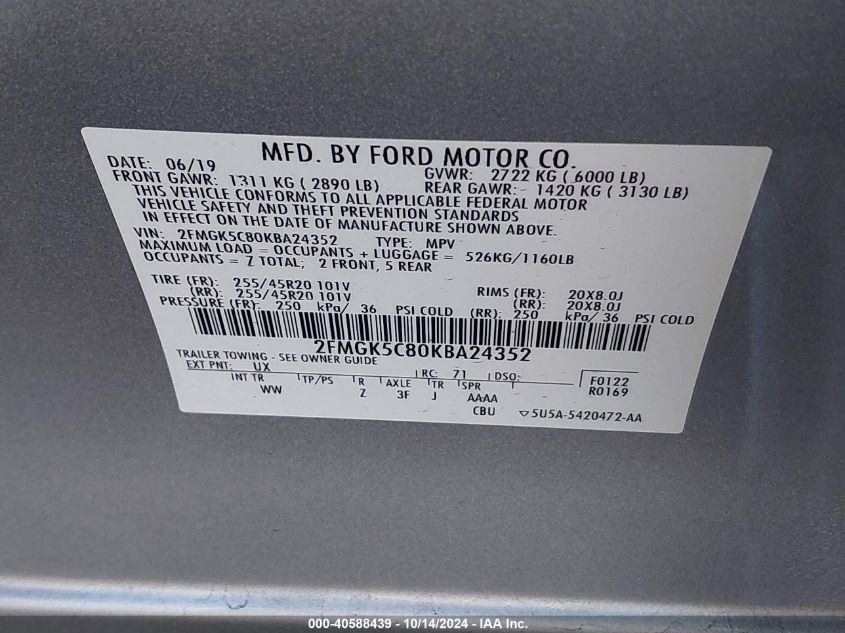 2019 Ford Flex Sel VIN: 2FMGK5C80KBA24352 Lot: 40588439