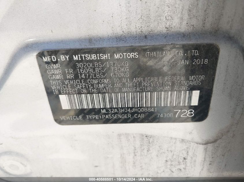 2018 Mitsubishi Mirage Es VIN: ML32A3HJ4JH008841 Lot: 40588501