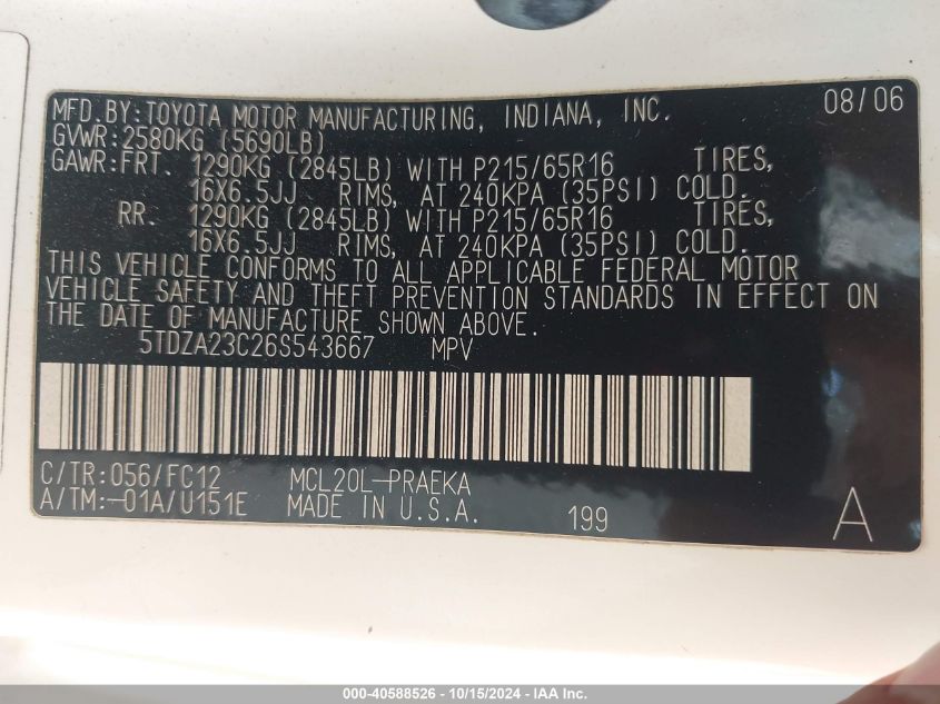 2006 Toyota Sienna Le VIN: 5TDZA23C26S543667 Lot: 40588526