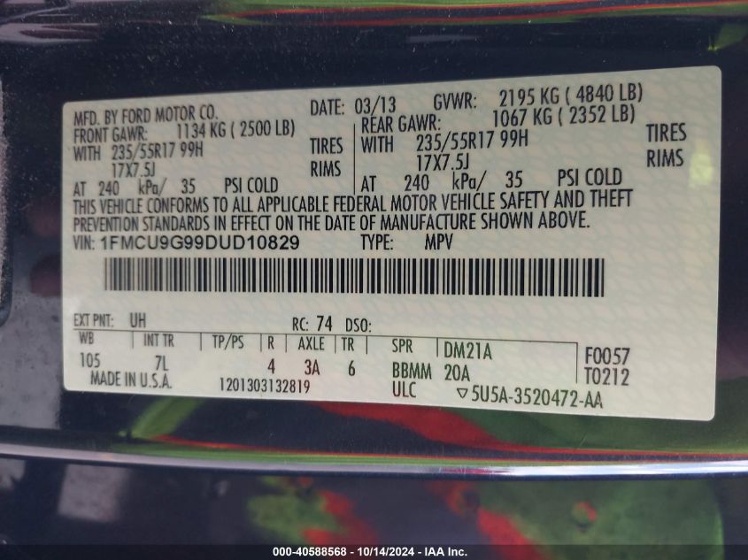 2013 Ford Escape Se VIN: 1FMCU9G99DUD10829 Lot: 40588568