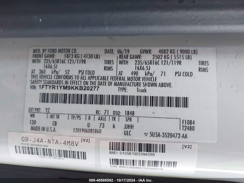 2019 Ford Transit-250 T-250 VIN: 1FTYR1YM9KKB20277 Lot: 40588592