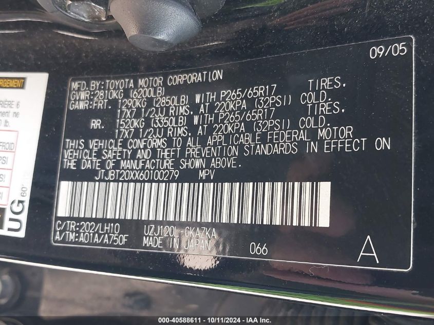 2006 Lexus Gx 470 VIN: JTJBT20XX60100279 Lot: 40588611