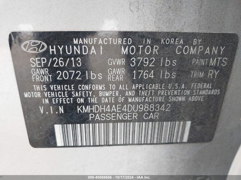 2013 Hyundai Elantra Gls/Limited VIN: KMHDH4AE4DU988342 Lot: 40588656