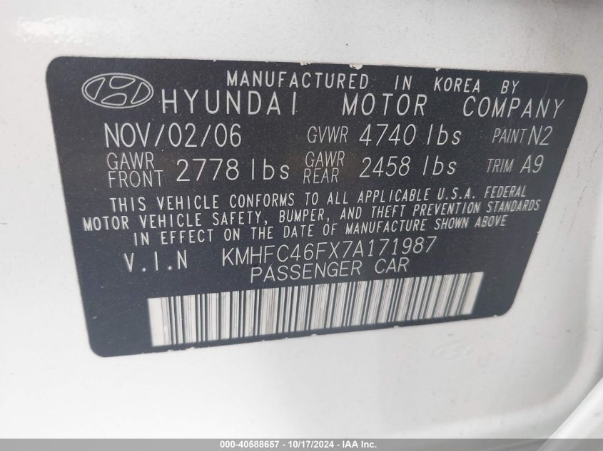 2007 Hyundai Azera Limited/Se VIN: KMHFC46FX7A171987 Lot: 40588657