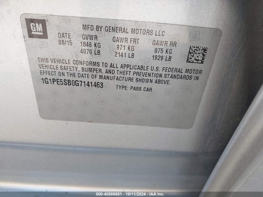 2016 Chevrolet Cruze Limited 1Lt Auto VIN: 1G1PE5SB0G7141463 Lot: 40588681