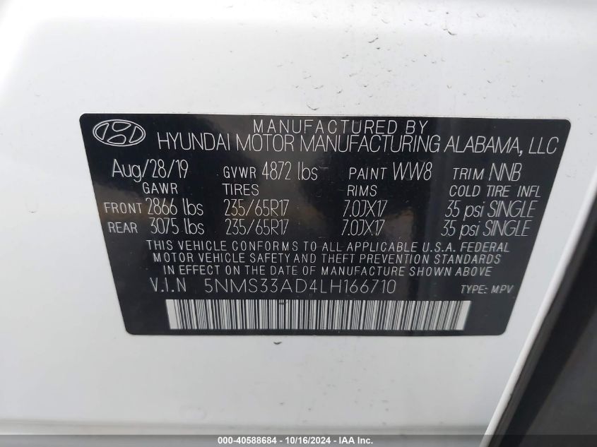 2020 Hyundai Santa Fe Sel VIN: 5NMS33AD4LH166710 Lot: 40588684