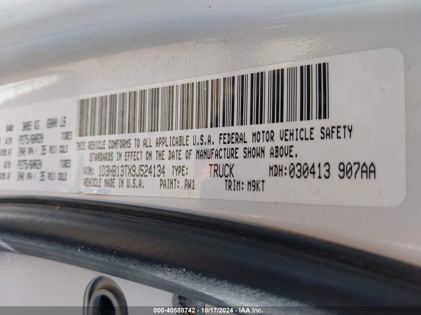 2009 Dodge Ram 1500 Slt/Sport/Trx VIN: 1D3HB13TX9J524134 Lot: 40588742