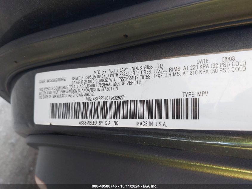 4S4BP61C796326271 2009 Subaru Outback 2.5I