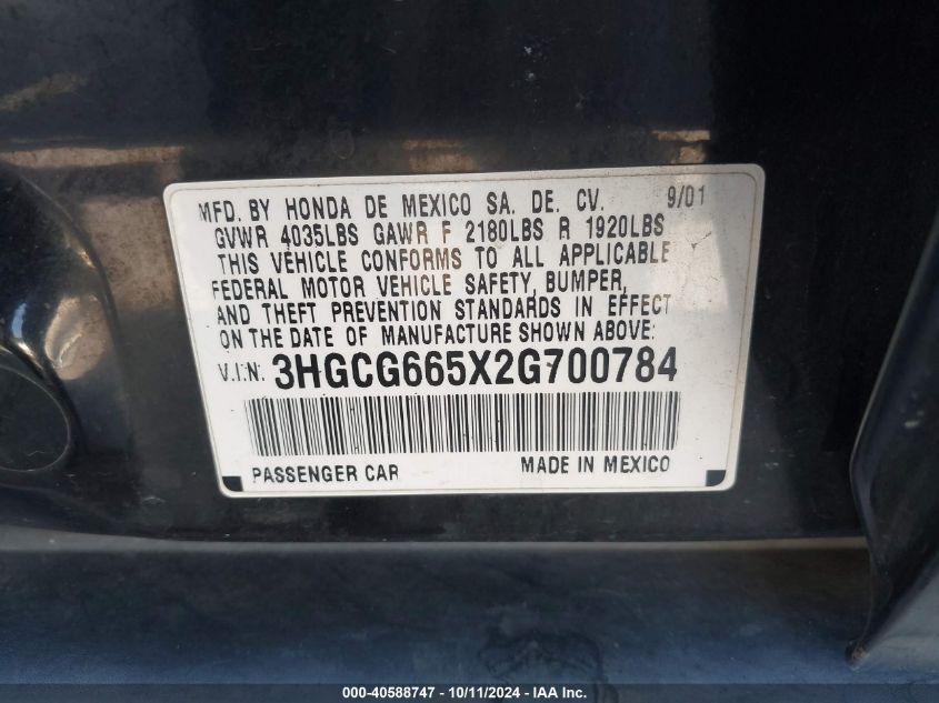 3HGCG665X2G700784 2002 Honda Accord 2.3 Lx