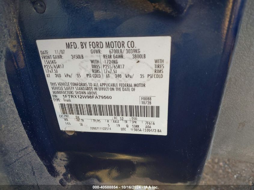 2008 Ford F-150 Fx2/Stx/Xl/Xlt VIN: 1FTRX12W98FA79560 Lot: 40588854