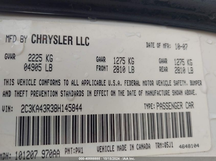 2008 Chrysler 300 Lx VIN: 2C3KA43R38H145844 Lot: 40588885