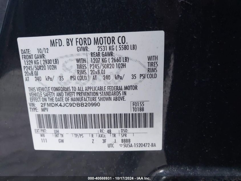 2013 Ford Edge Sel VIN: 2FMDK4JC9DBB20990 Lot: 40588931